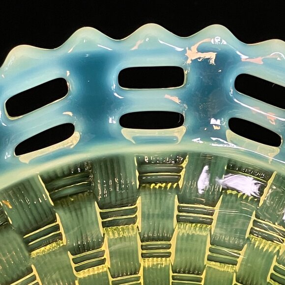 Fenton Topaz Opalescent Uranium Lattice Basket Weave Candy Dish - Picture 5 of 13